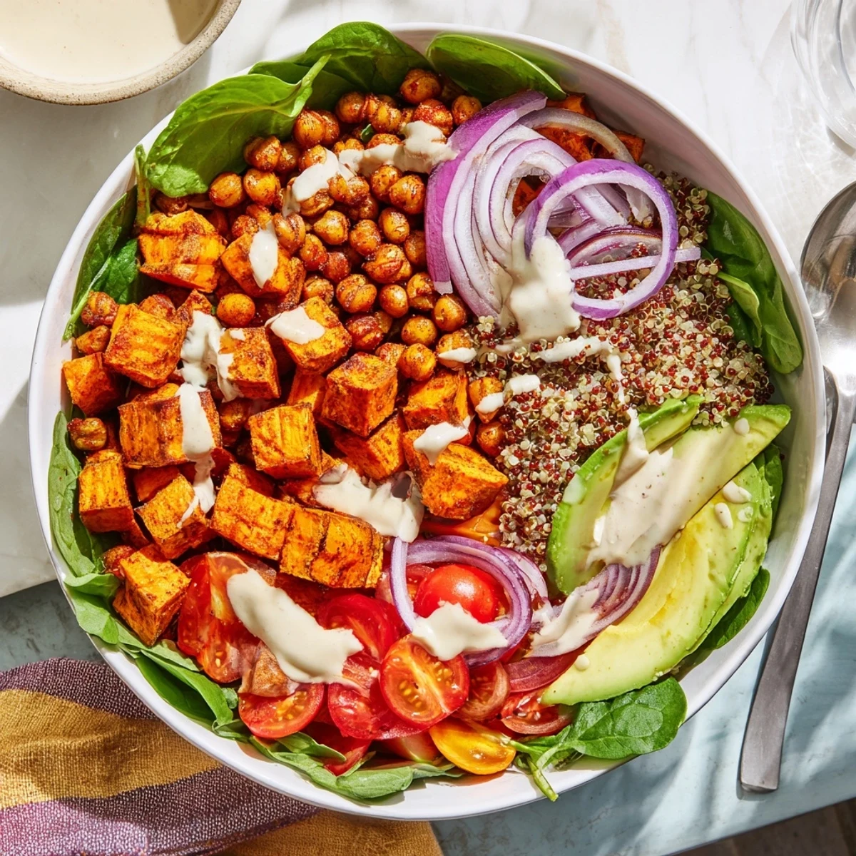 Golden roasted sweet potato bowl with chickpeas, fresh avocado, and creamy tahini dressing drizzled over crisp vegetables