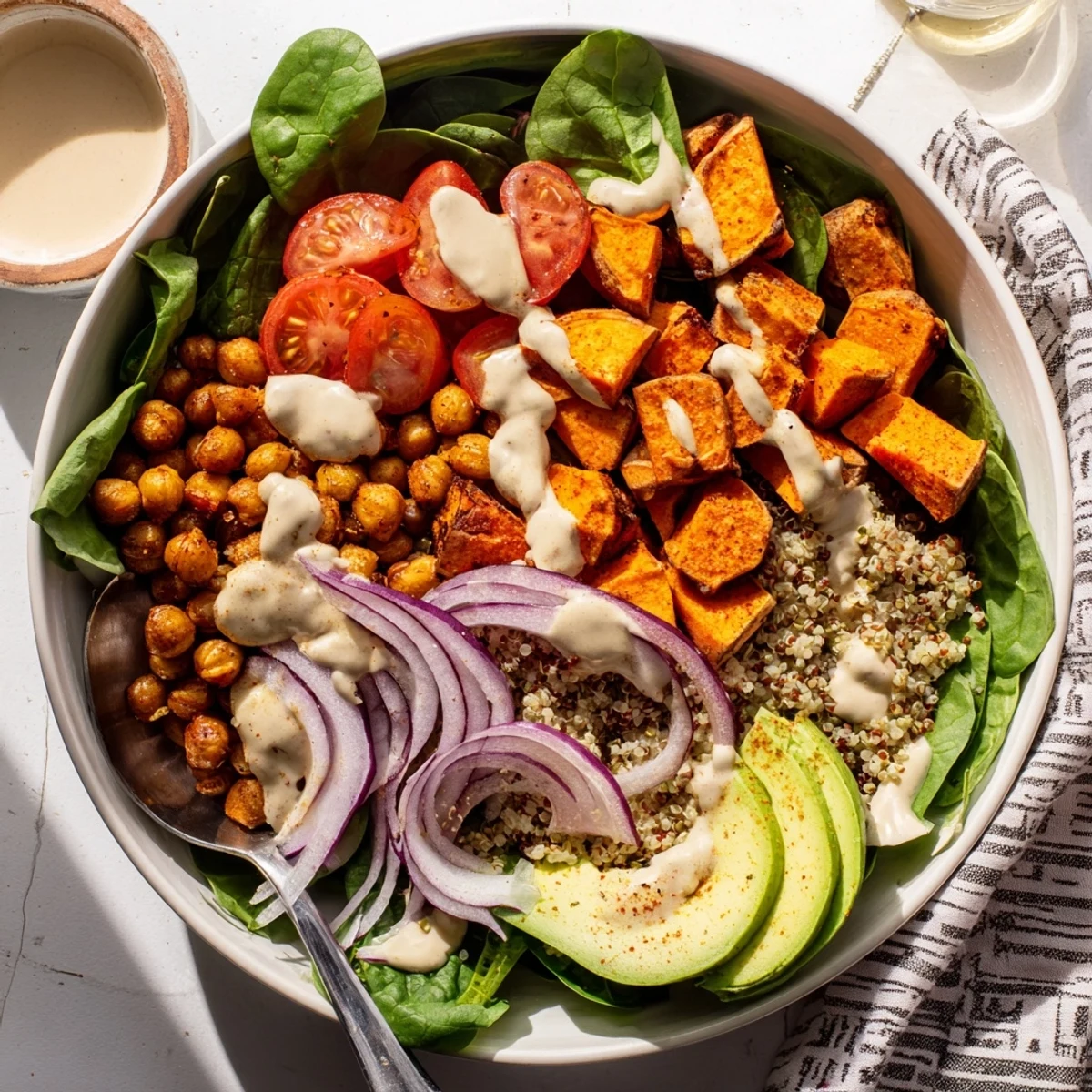Vibrant hearty sweet potato bowl featuring crispy spiced chickpeas, juicy tomatoes, and velvety tahini sauce on a bed of greens