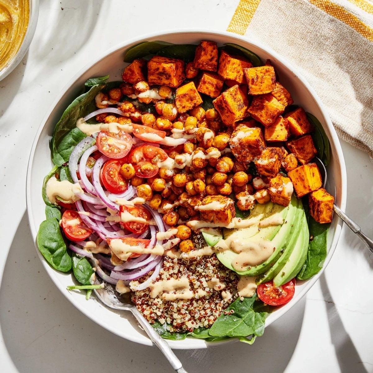 Nourishing vegetarian sweet potato bowl with tender roasted potatoes, protein-packed chickpeas, and tangy lemon tahini dressing topping