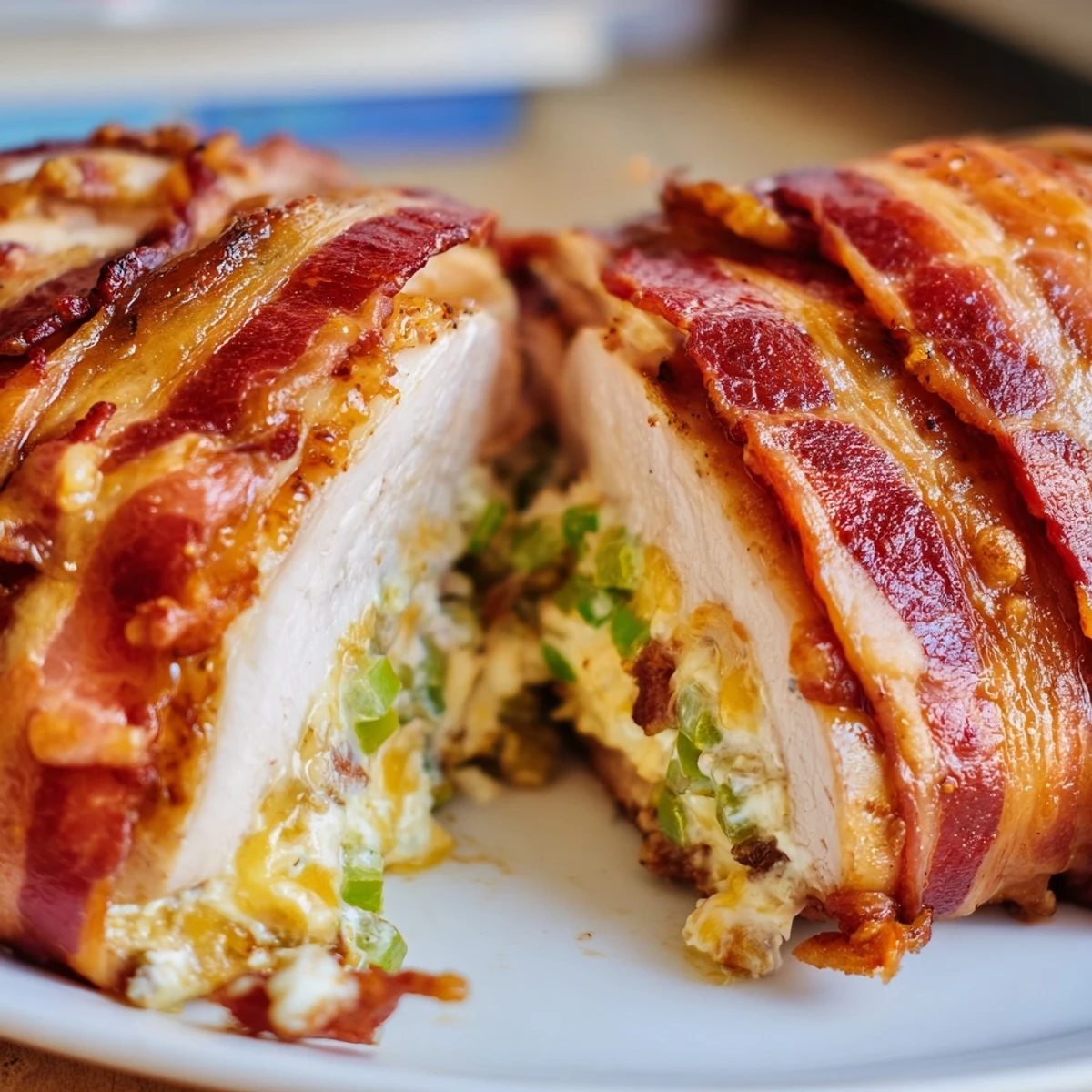 Crispy bacon-wrapped chicken breasts stuffed with spicy jalapeño cheese filling on a white baking sheet