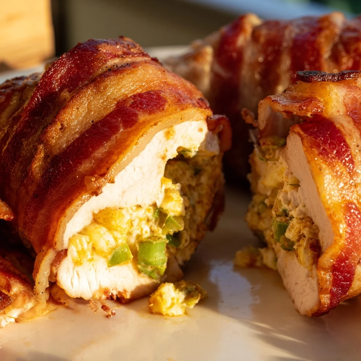 Savory chicken breast wrapped in crispy bacon topped with melted jalapeño cheese and green onion garnish