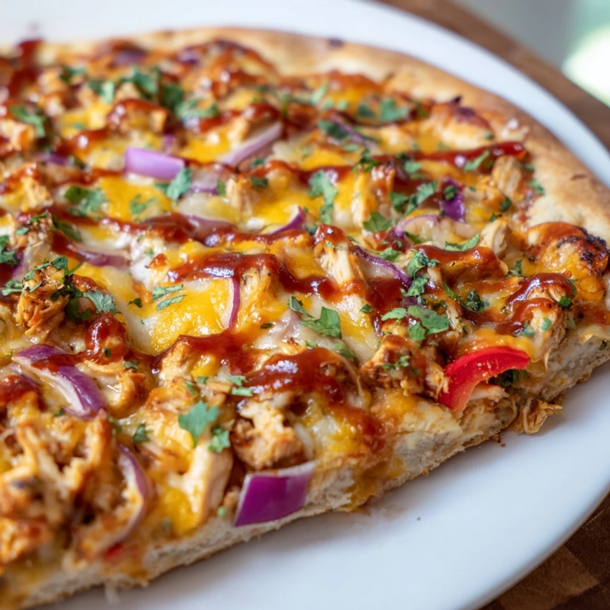 Golden homemade BBQ chicken pizza bubbling with melted cheese and smoky grilled chicken slices on a crispy crust