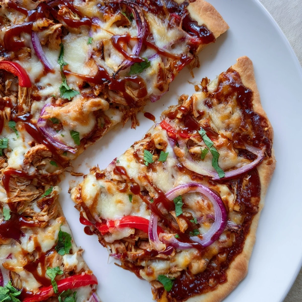 Freshly baked BBQ chicken pizza topped with tender meat, red onions, and cilantro on a wooden pizza board
