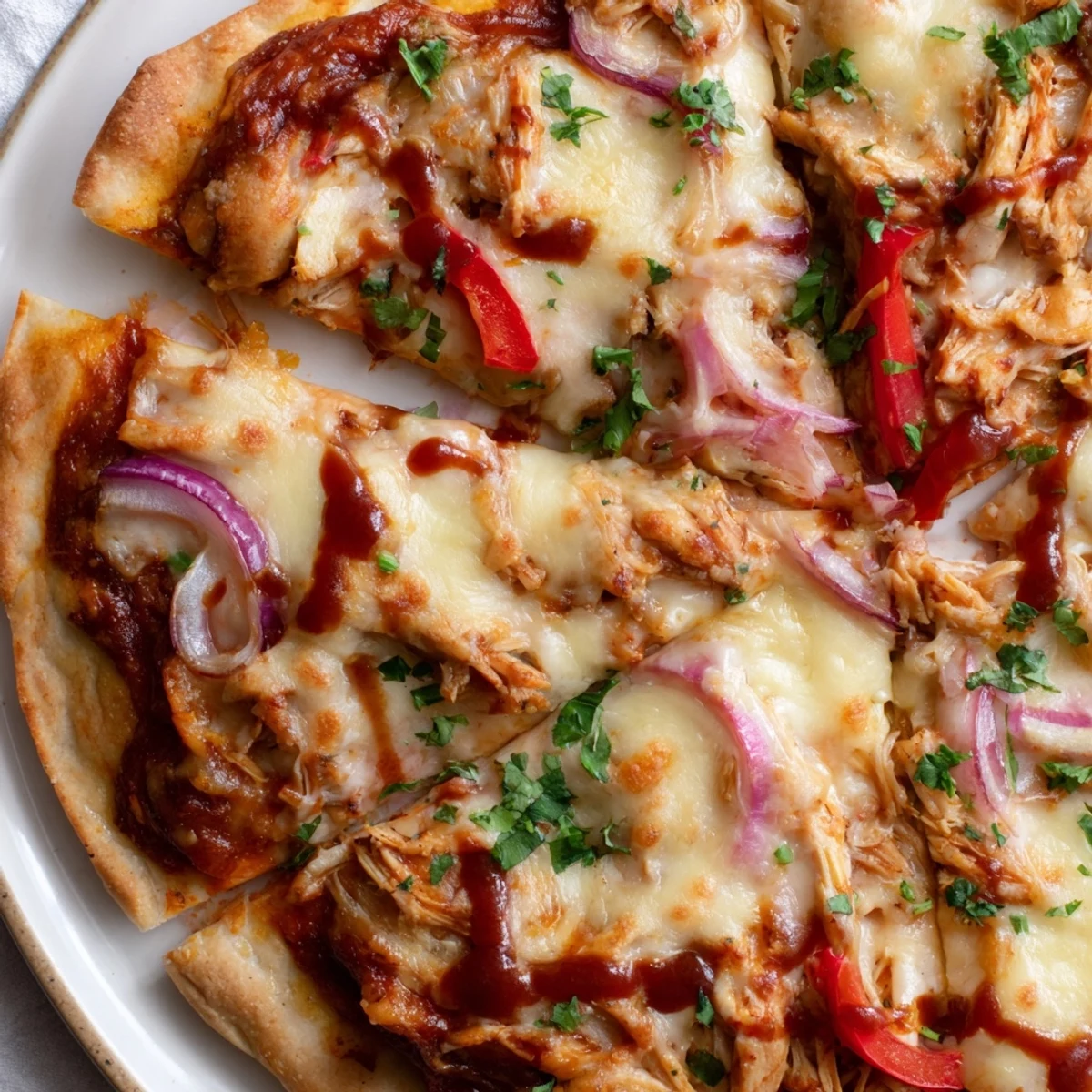 Sliced homemade BBQ chicken pizza revealing gooey smoked Gouda and colorful bell peppers on a golden baked crust
