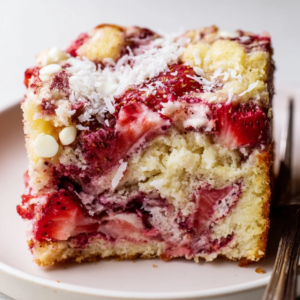 Decadent strawberry earthquake cake marbled with melted white chocolate chips and fresh strawberries