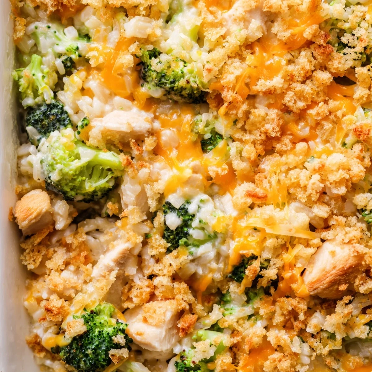 Golden chicken broccoli rice cheese casserole with bubbly melted cheddar and crispy buttered panko topping