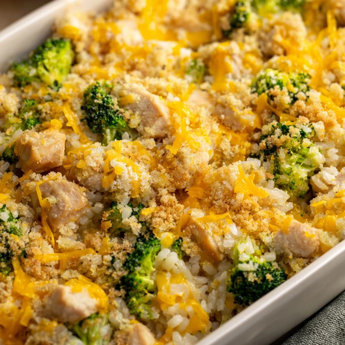 Baked chicken broccoli rice cheese casserole topped with golden breadcrumbs and served in a casual family-style setting
