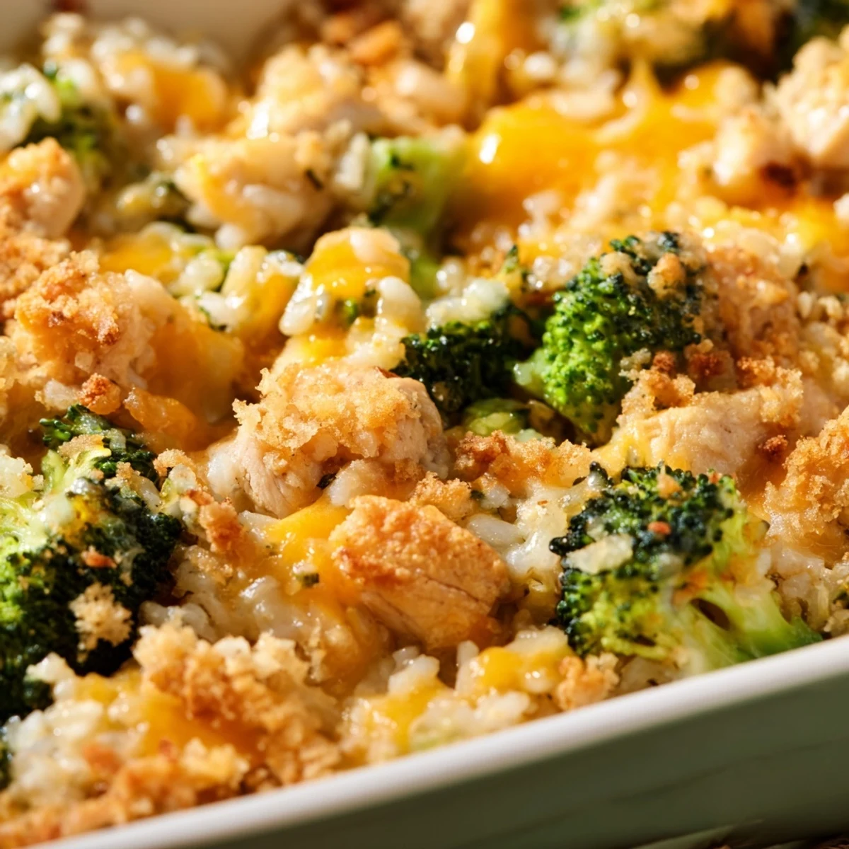 Creamy chicken broccoli rice cheese casserole fresh from oven showing tender broccoli and gooey cheese layers