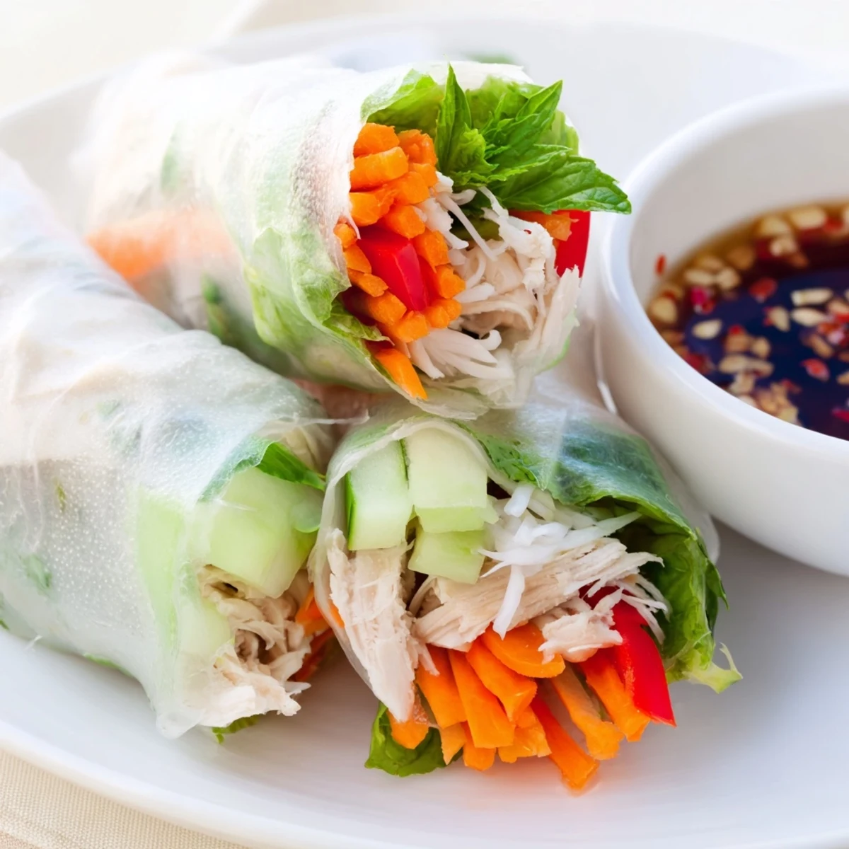 Golden brown pan-fried chicken and vegetable spring rolls served on white plate with tangy dipping sauce