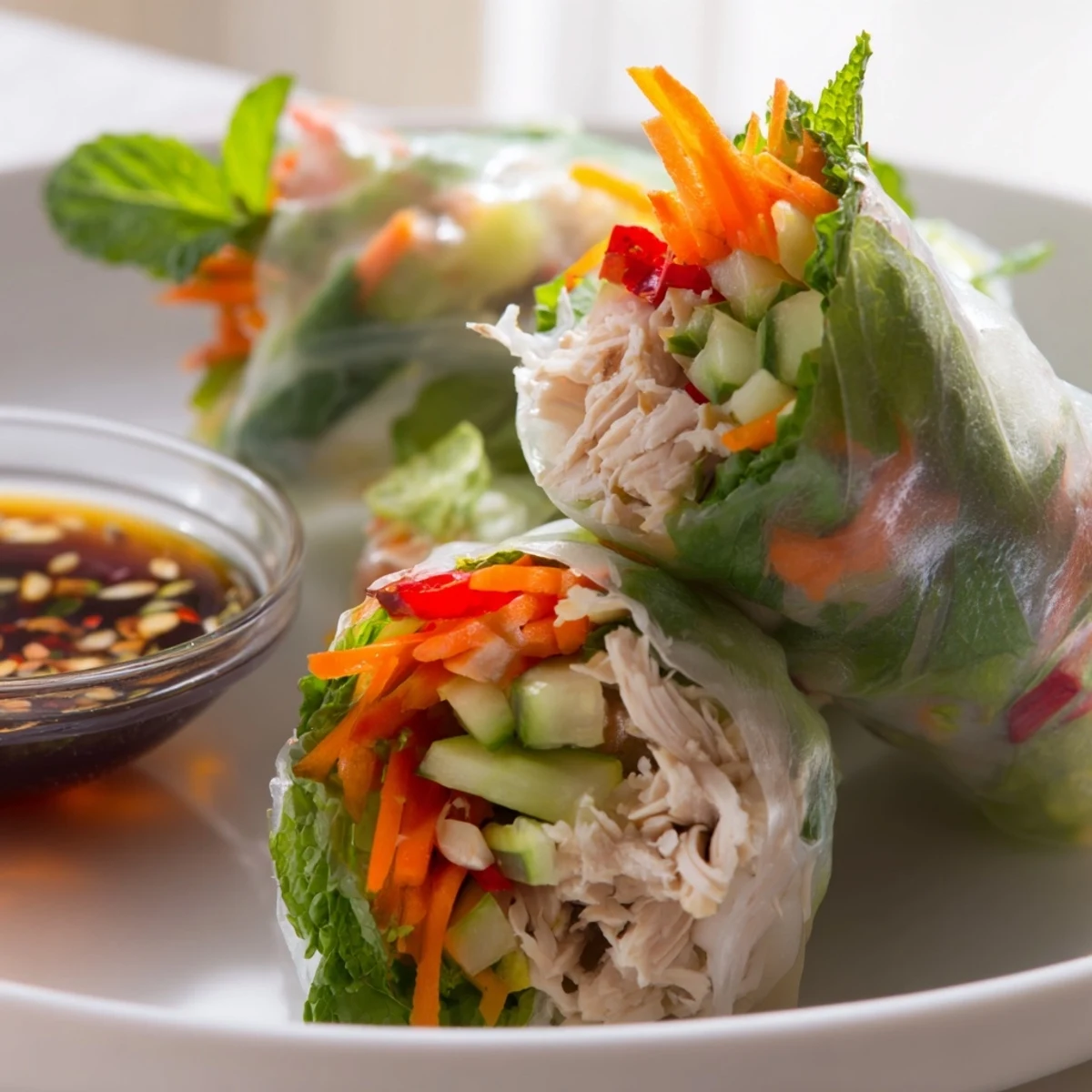 Crisp Asian fusion appetizer of chicken veggie spring rolls plated alongside zesty soy ginger dipping sauce