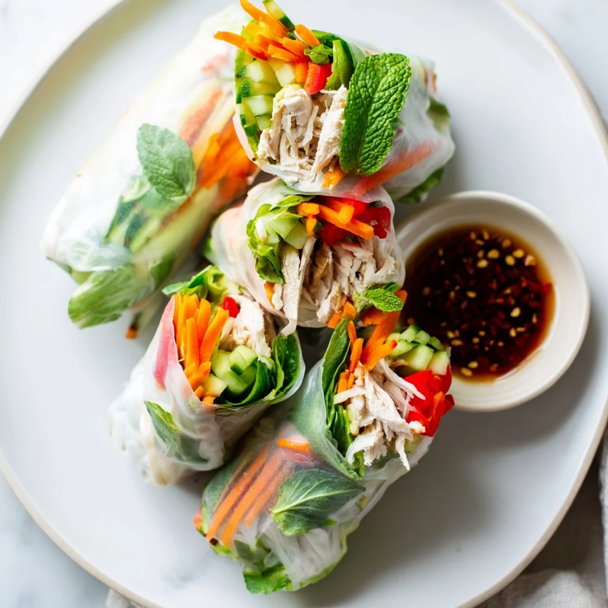 Fresh translucent rice paper spring rolls revealing colorful julienned vegetables and tender sliced chicken inside