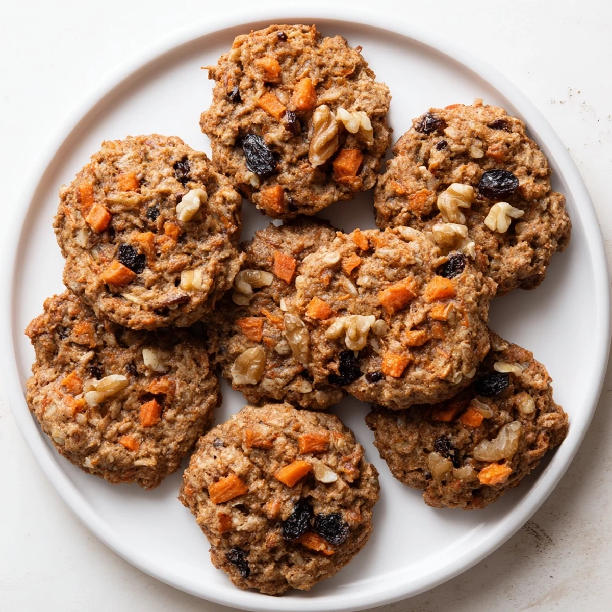 Soft spiced cookie dough mounds studded with orange carrots and dark raisins ready for baking