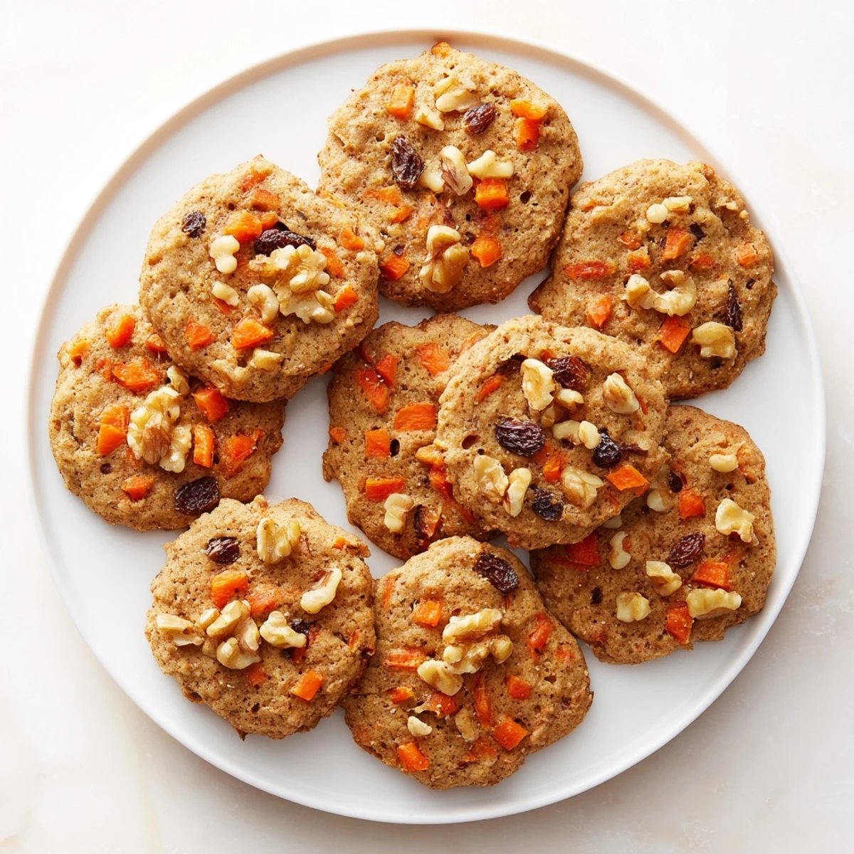 Golden brown chewy carrot cake cookies with visible grated carrot bits and walnut pieces on a wire cooling rack