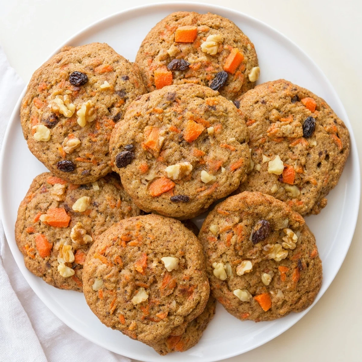 Homemade carrot cake cookies topped with cream cheese glaze and walnut crumbles on a white plate