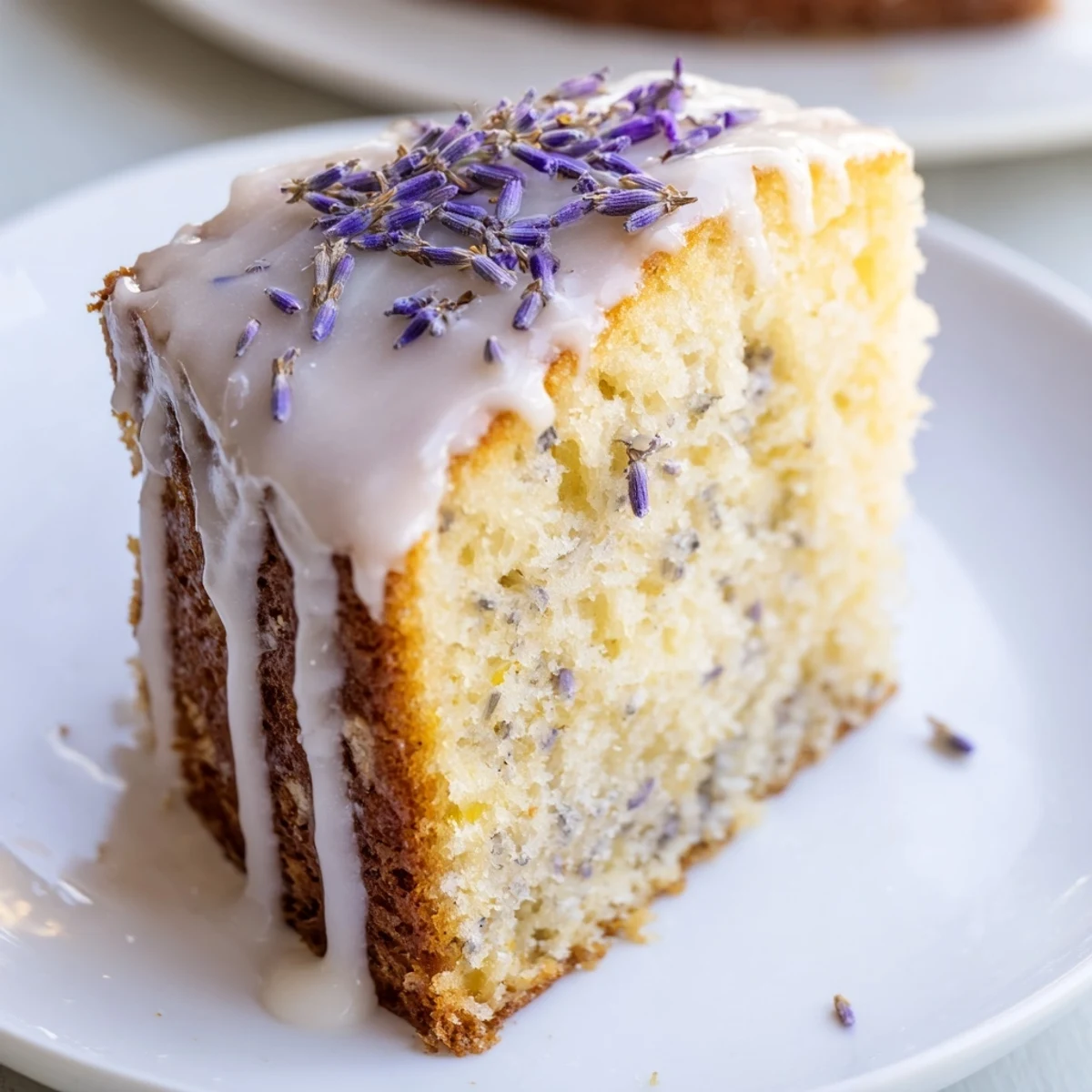 Golden lemon lavender cake drizzled with white glaze and sprinkled with purple lavender buds