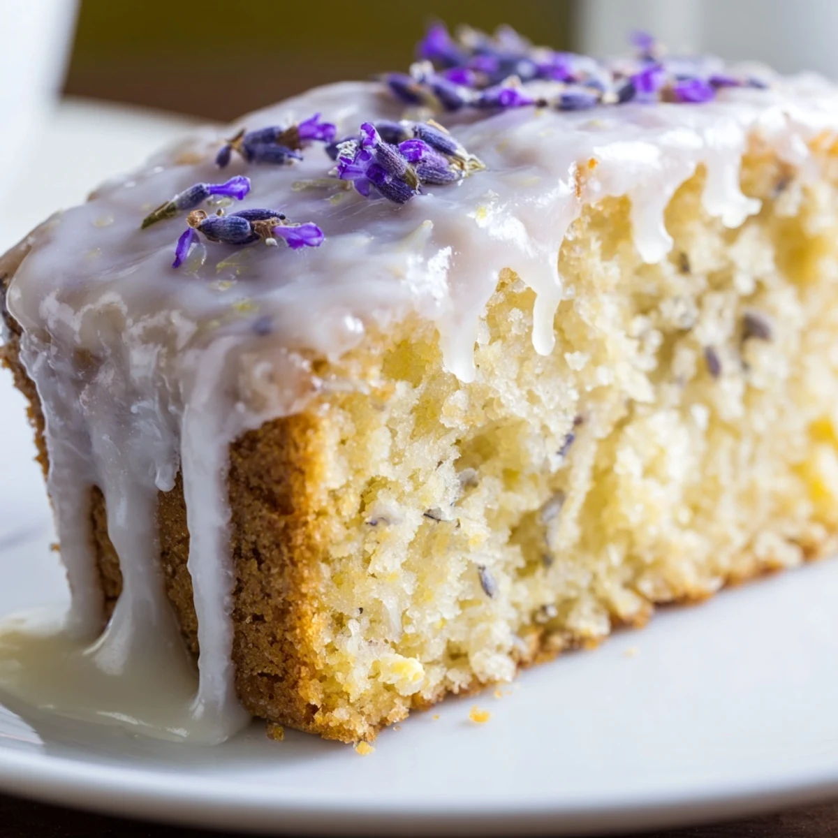 Moist lemon lavender cake slice on a white plate with floral garnish and tea