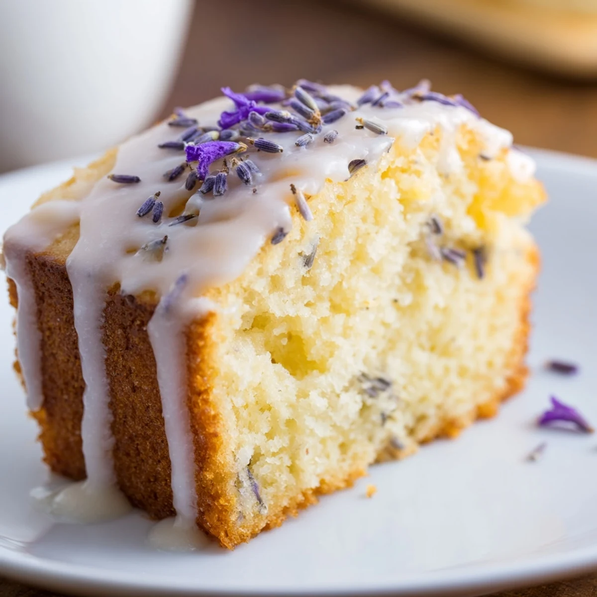 Homemade lemon lavender cake with zesty citrus glaze and dried lavender topping