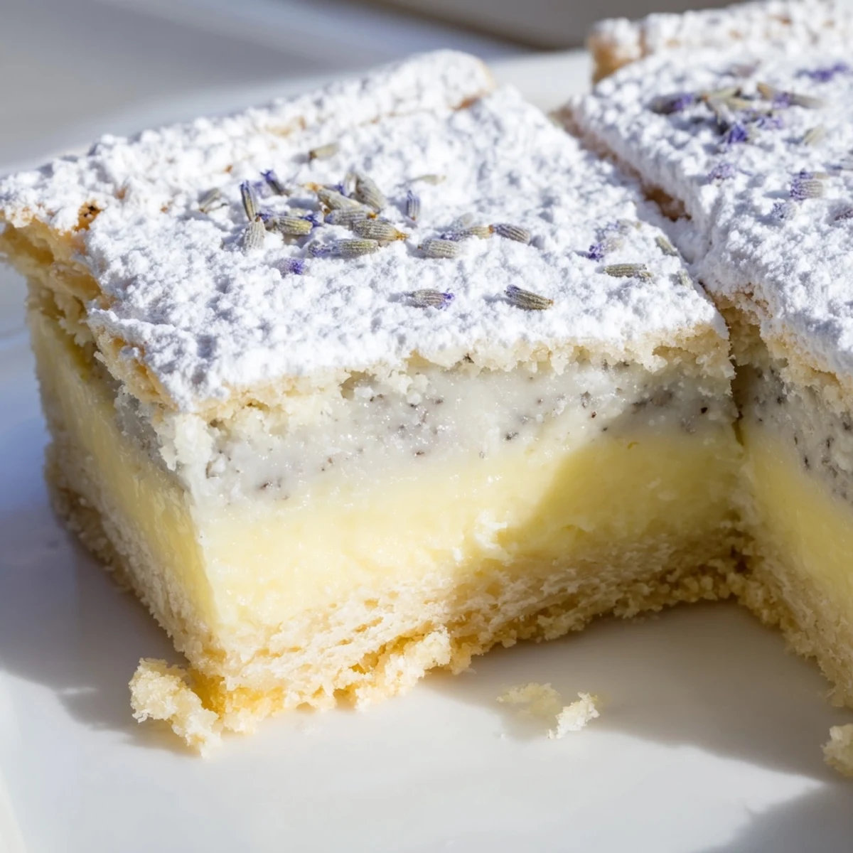 Golden lavender lemon cream bars with powdered sugar dusting on a white plate