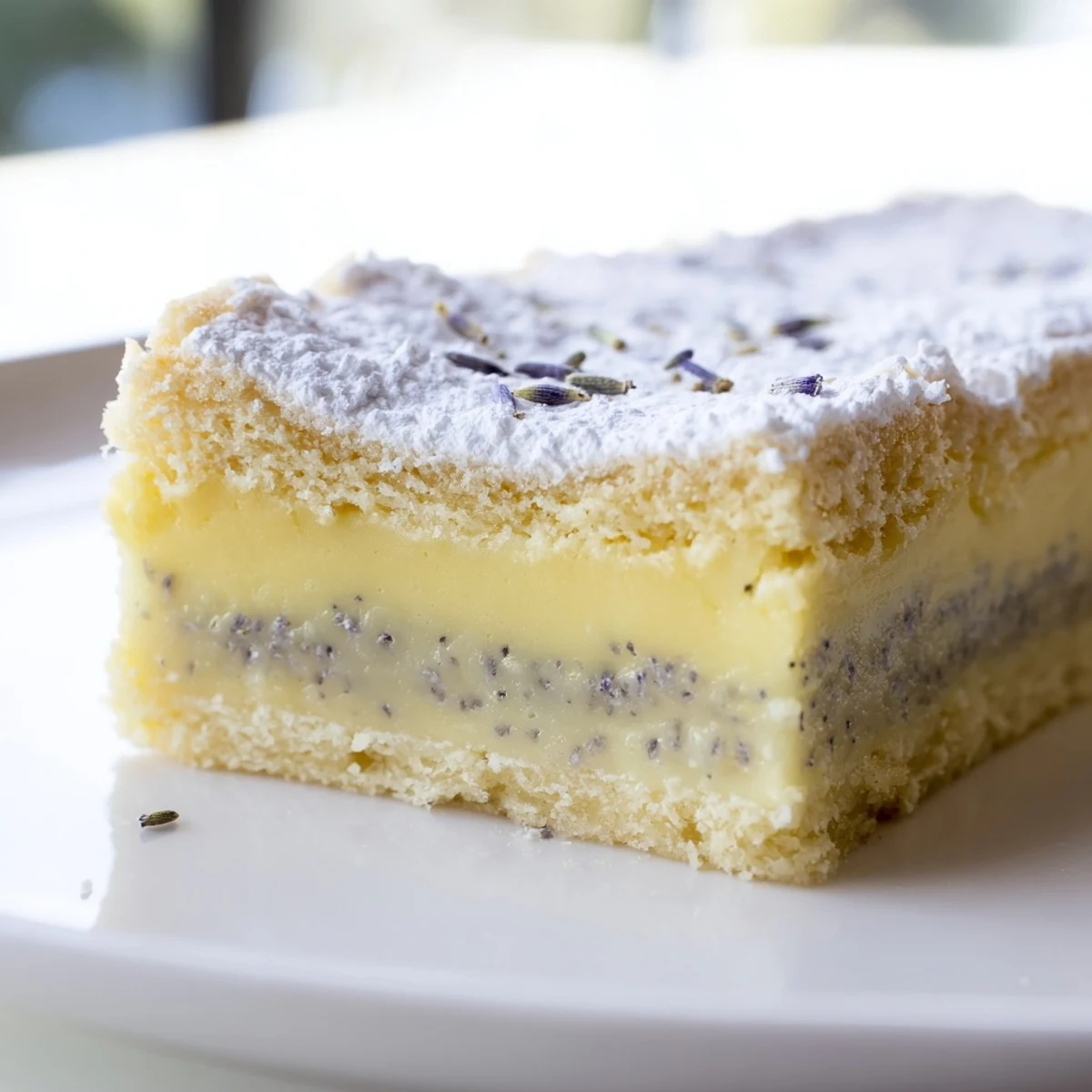 Elegant teatime dessert featuring lemon cream bars with aromatic lavender and powdered sugar topping