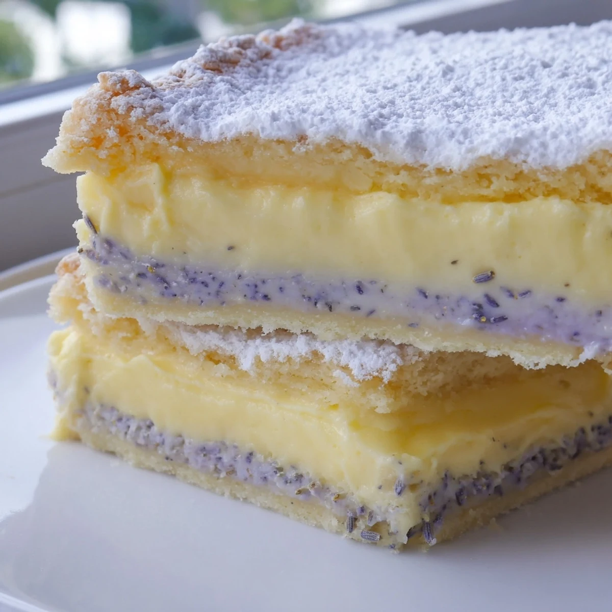 Creamy lemon lavender bars in a square pan with buttery crust visible
