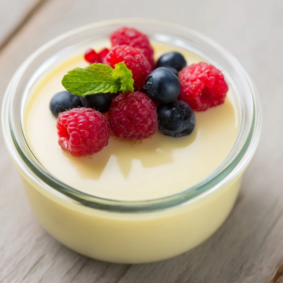 Creamy lemon posset served in elegant glasses with fresh raspberries and mint garnish