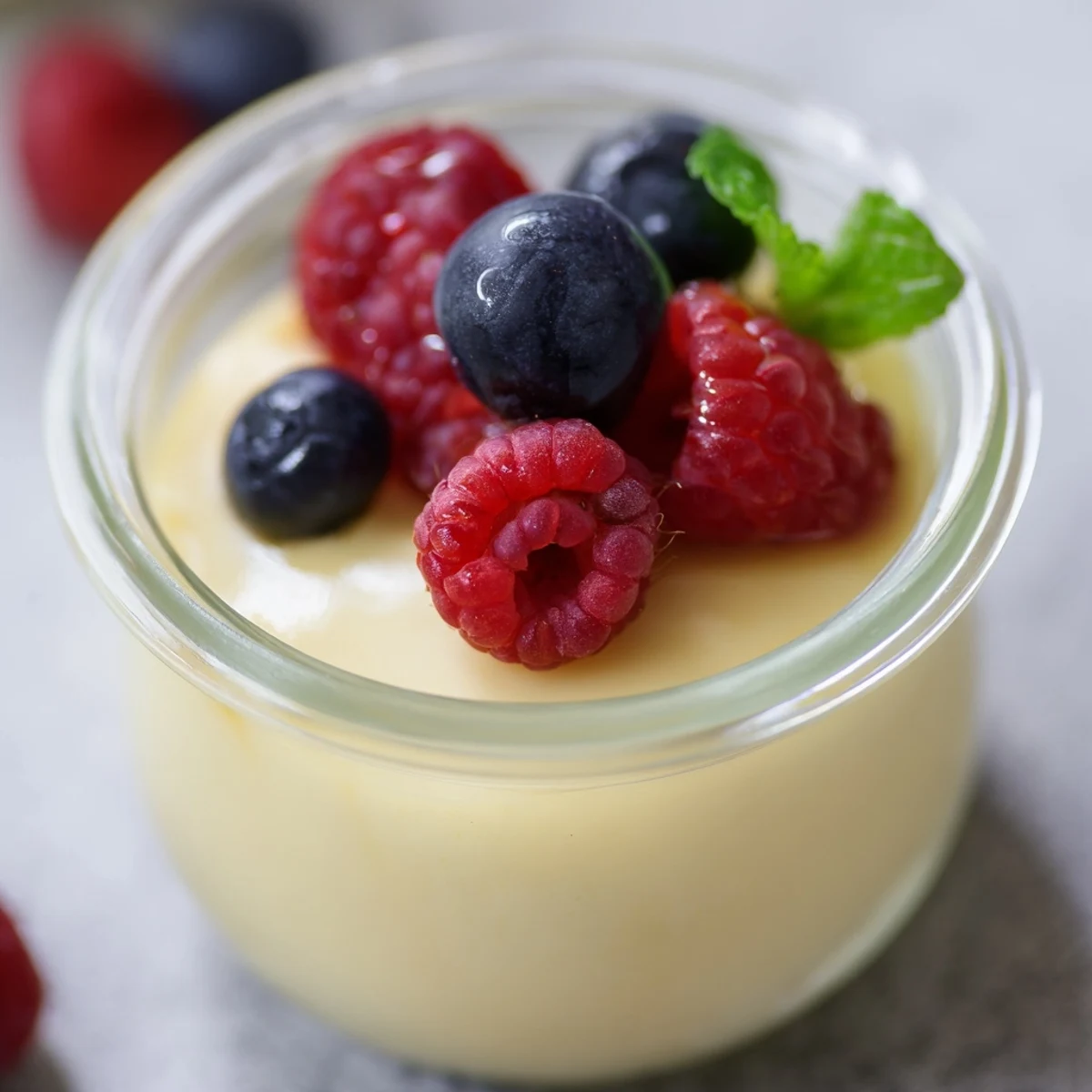 Silky smooth lemon posset dessert set in white ramekins topped with vibrant berries