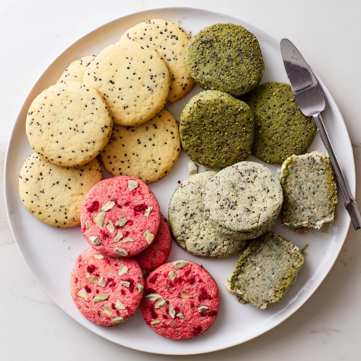 Golden spring cookie collection featuring lemon poppy seed, matcha almond shortbread, and strawberry white chocolate chip varieties arranged on a rustic wooden board.