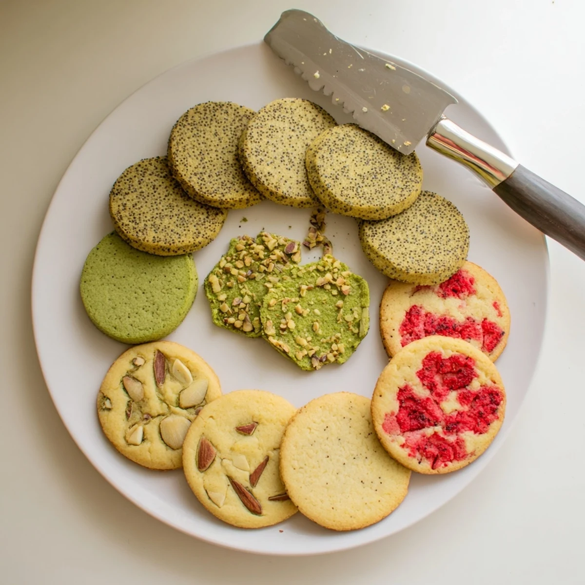 Colorful assorted spring cookies stacked on a white plate with fresh lemon slices and scattered strawberry pieces for a vibrant dessert presentation.
