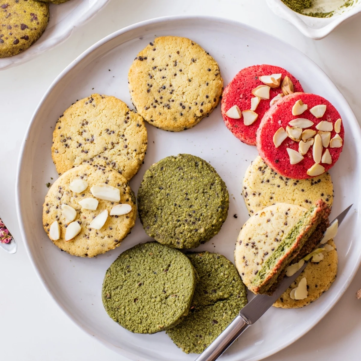 Delicious spring cookie assortment showcasing three varieties with green tea, bright yellow lemon, and pink strawberry hues perfect for Easter or Mother's Day gatherings.