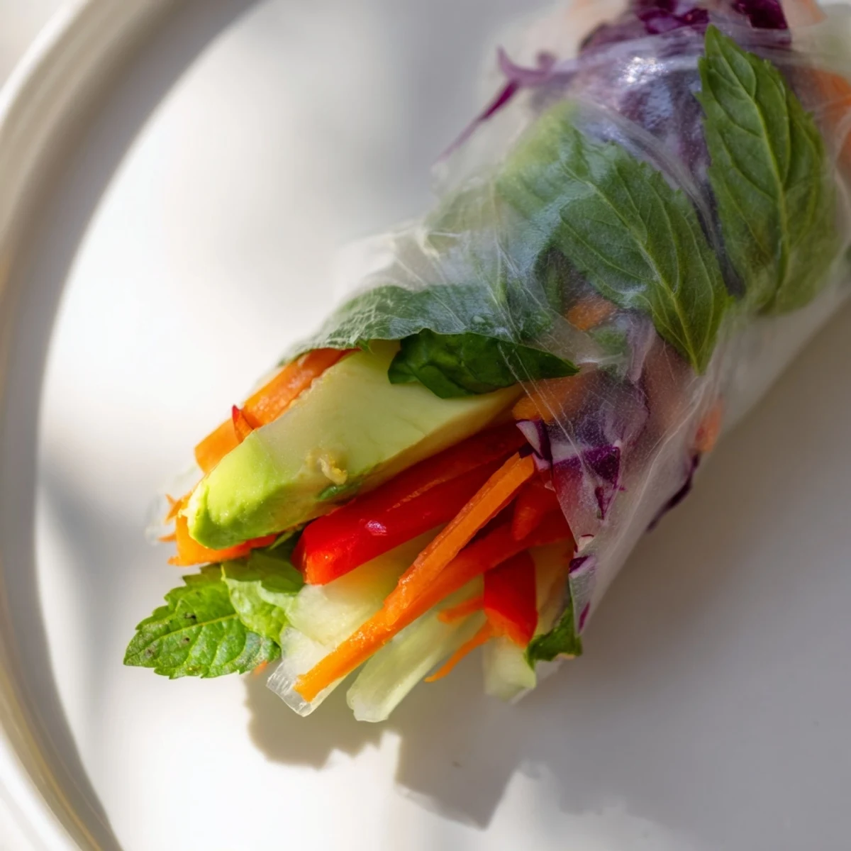 Golden fresh spring rolls with transparent rice paper revealing colorful julienned vegetables and vibrant green herbs on a white serving plate