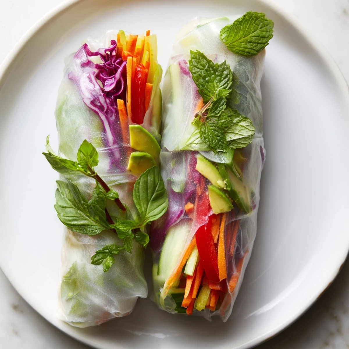 Handheld fresh spring rolls featuring tightly rolled rice noodles, crisp vegetables, and fresh mint leaves ready for dipping into rich peanut sauce