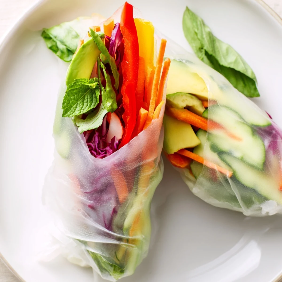 Crisp Vietnamese fresh spring rolls arranged on a wooden board alongside a small bowl of creamy peanut dipping sauce garnished with sesame seeds