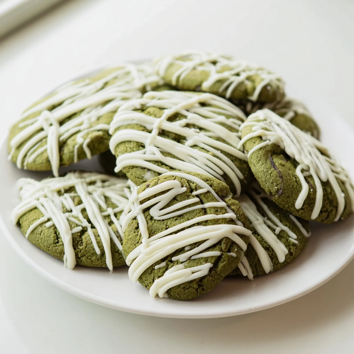 Soft green velvet cookies topped with creamy white chocolate drizzle on a white plate