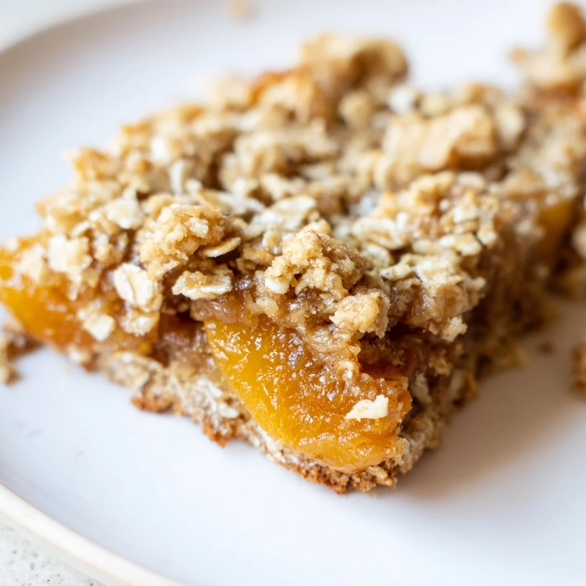 Golden gluten-free oatmeal apricot bars with chewy dried fruit and crumbly oat topping