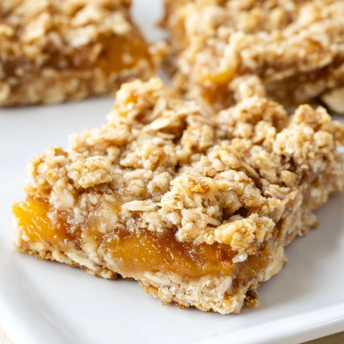 Baked tray of gluten-free oatmeal apricot bars featuring sweet apricot filling and toasted oats