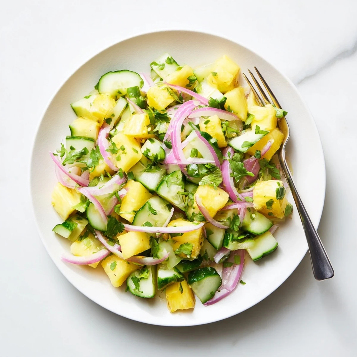 Fresh pineapple cucumber salad featuring bright yellow pineapple chunks, crisp green cucumber pieces, and red onion slices drizzled with zesty lime dressing