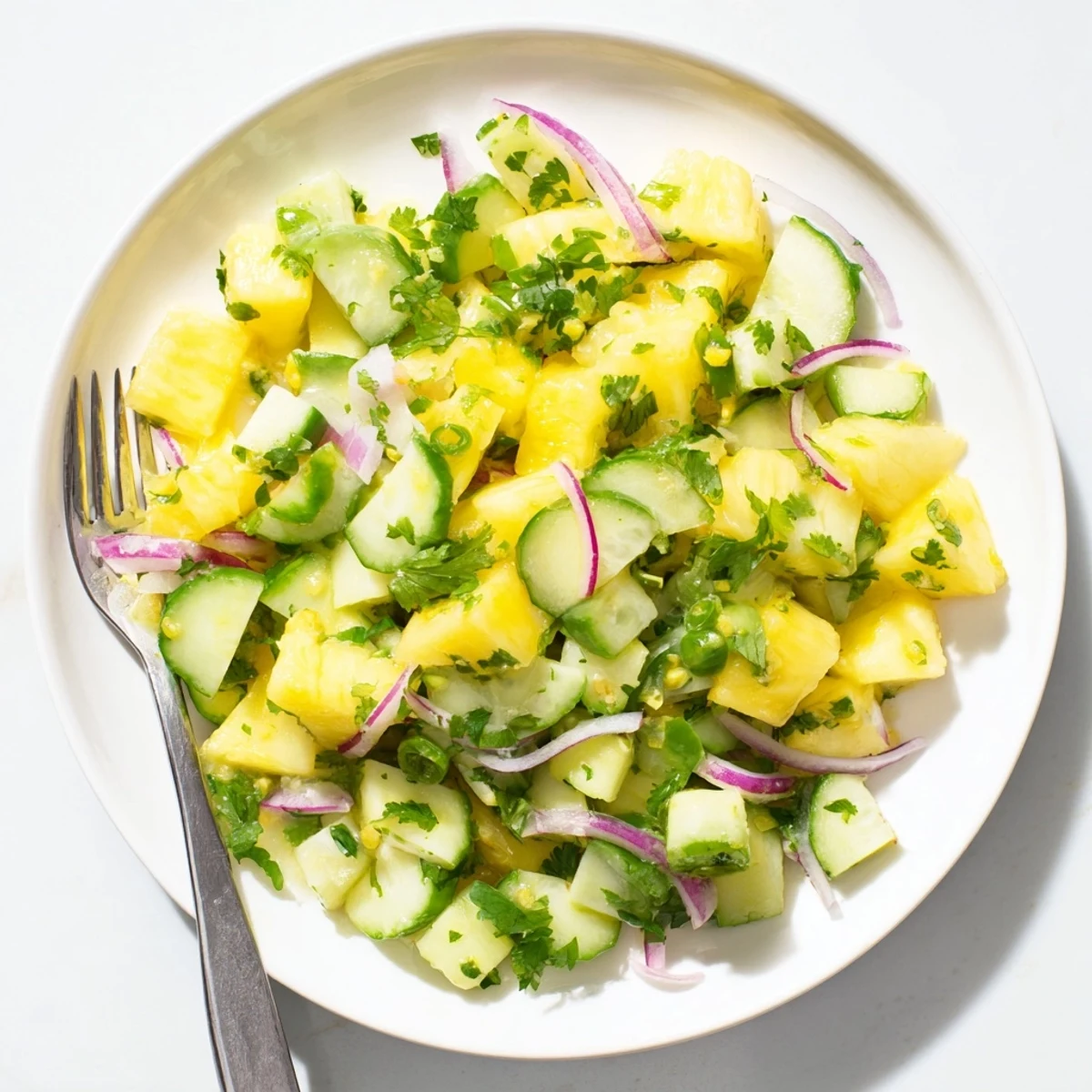 Close-up of tropical pineapple cucumber salad with juicy fruit, crunchy vegetables, and tangy lime honey dressing served in a white bowl