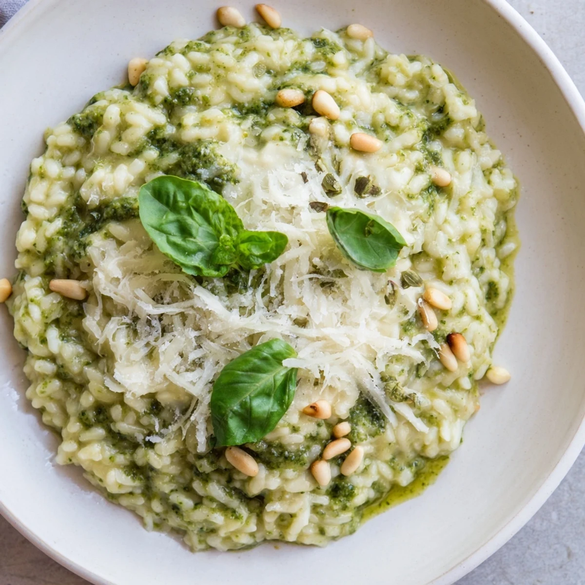 Creamy Parmesan pesto risotto in a white bowl garnished with fresh basil leaves