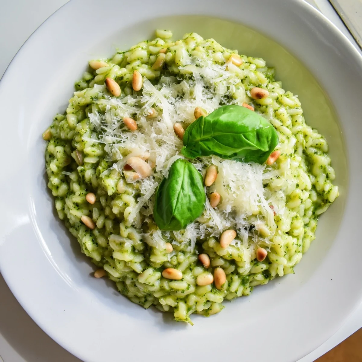 Golden Arborio rice blended with vibrant green basil pesto and grated Parmesan cheese