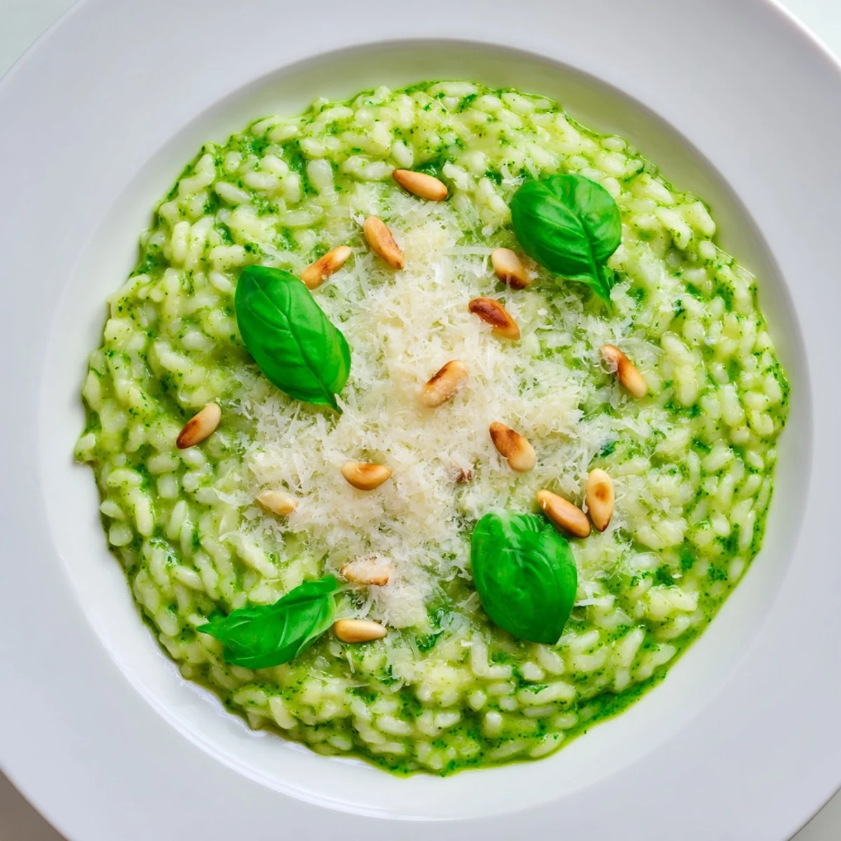 Spoonful of rich Italian Parmesan pesto risotto topped with toasted pine nuts
