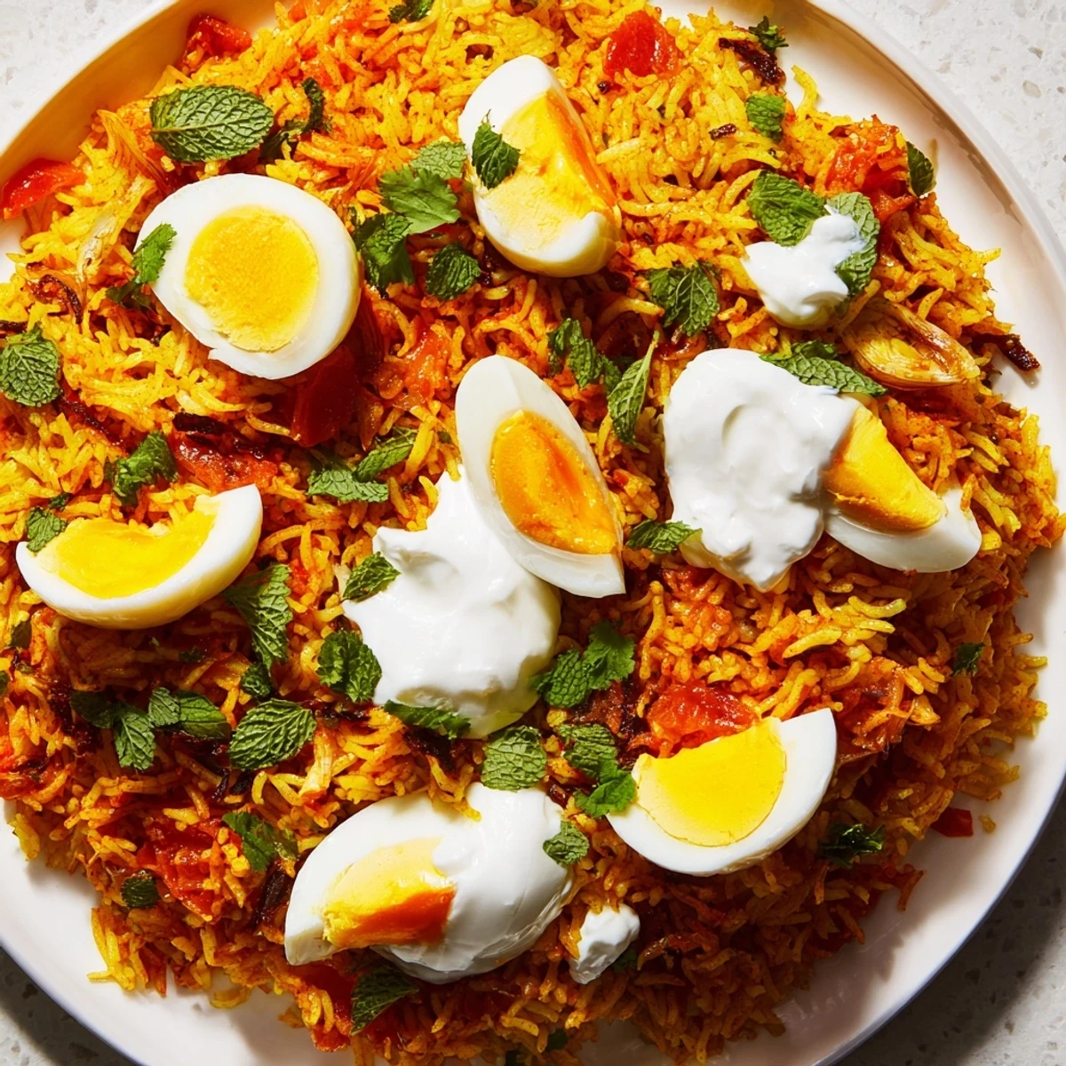 Golden tomato and ginger biryani with fluffy rice, aromatic spices, and perfectly cooked eggs