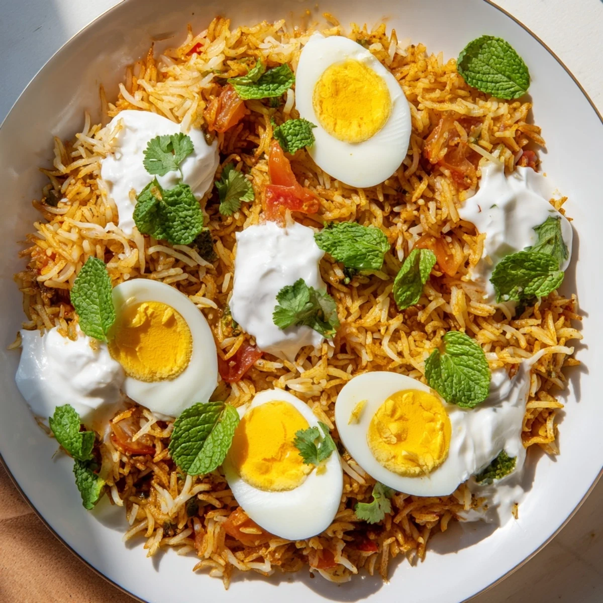 Vibrant layered tomato ginger biryani topped with boiled eggs and fresh herb garnish
