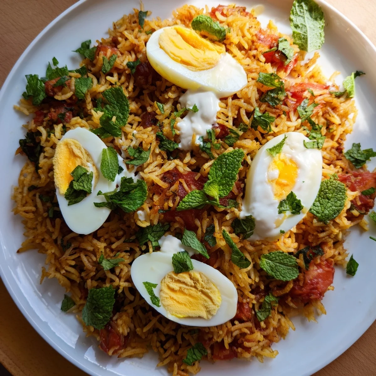 Fluffy basmati rice biryani with juicy tomatoes, ginger, and eggs nestled in spiced layers