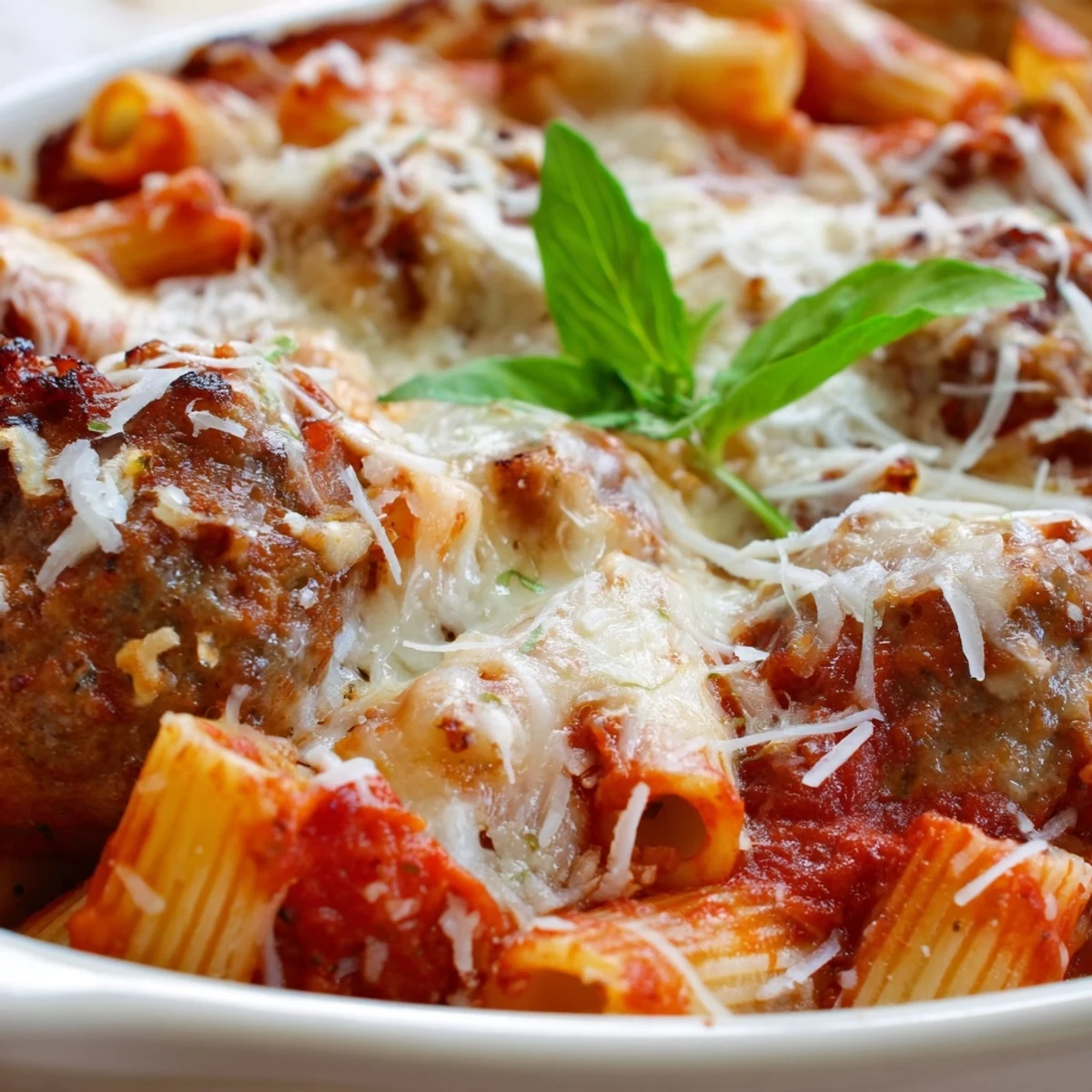 Golden bubbly Italian meatball pasta bake with melted mozzarella over tender beef meatballs and tomato coated rigatoni in a baking dish