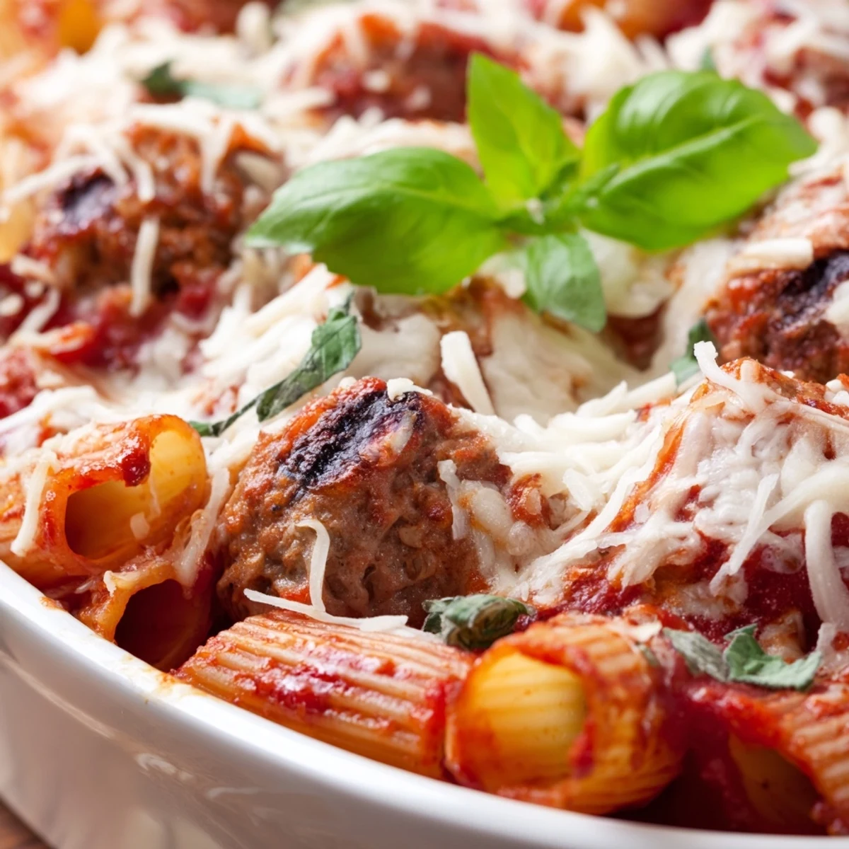 Hearty casserole of juicy meatballs nestled in pasta and rich red sauce topped with browned cheese and fresh basil garnish