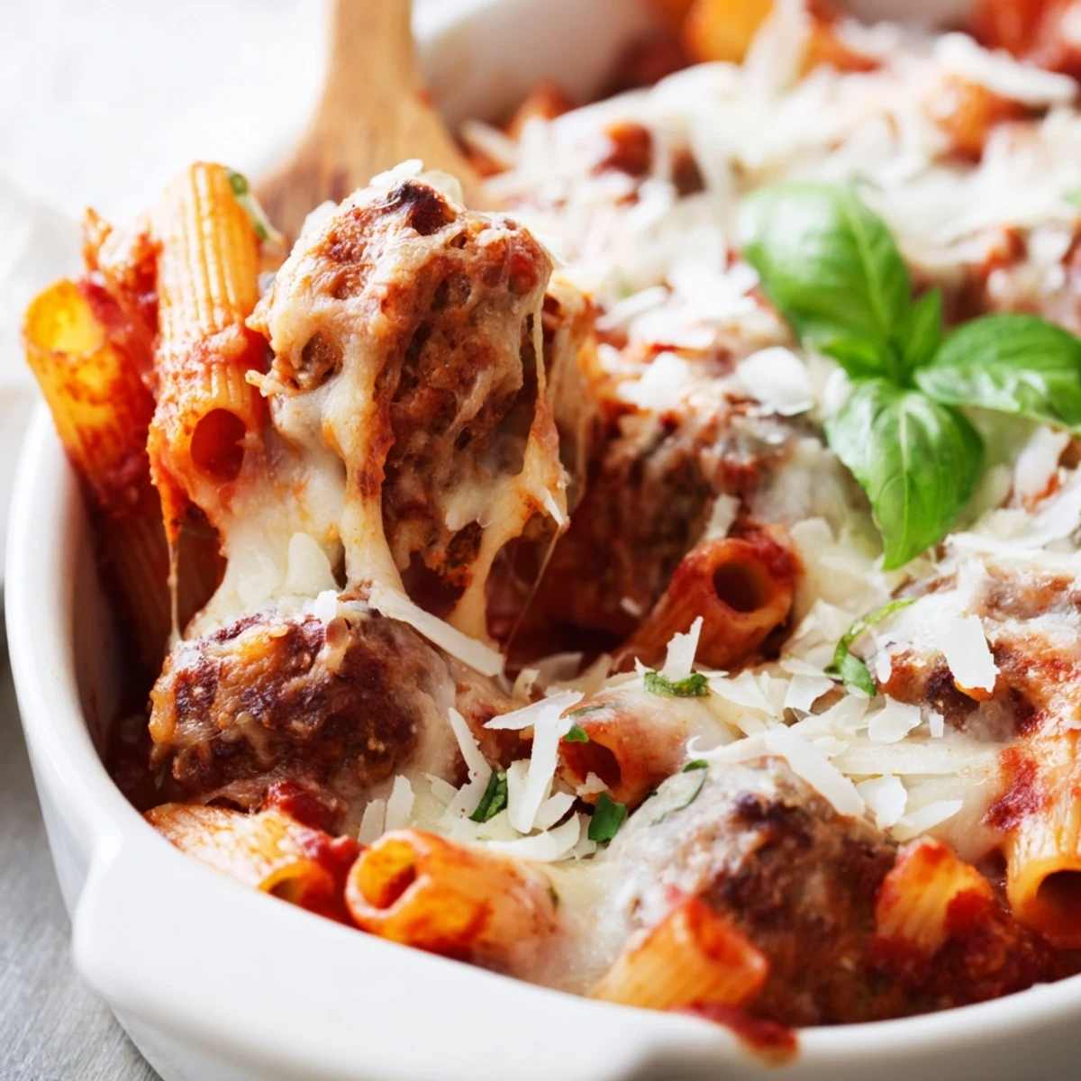 Family style Italian meatball pasta bake featuring layers of al dente penne savory meatballs and marinara with a golden cheese crust