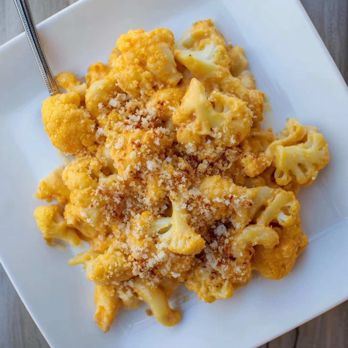 Golden baked cauliflower mac and cheese with crispy breadcrumb topping and melted cheese layers