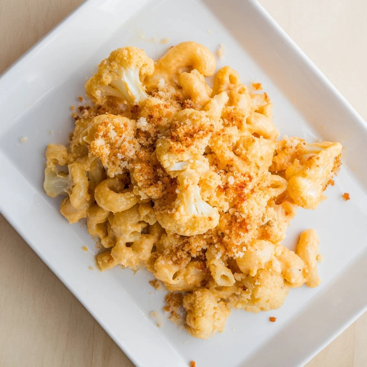 Creamy cauliflower mac n cheese bubbling in a white baking dish with golden brown surface