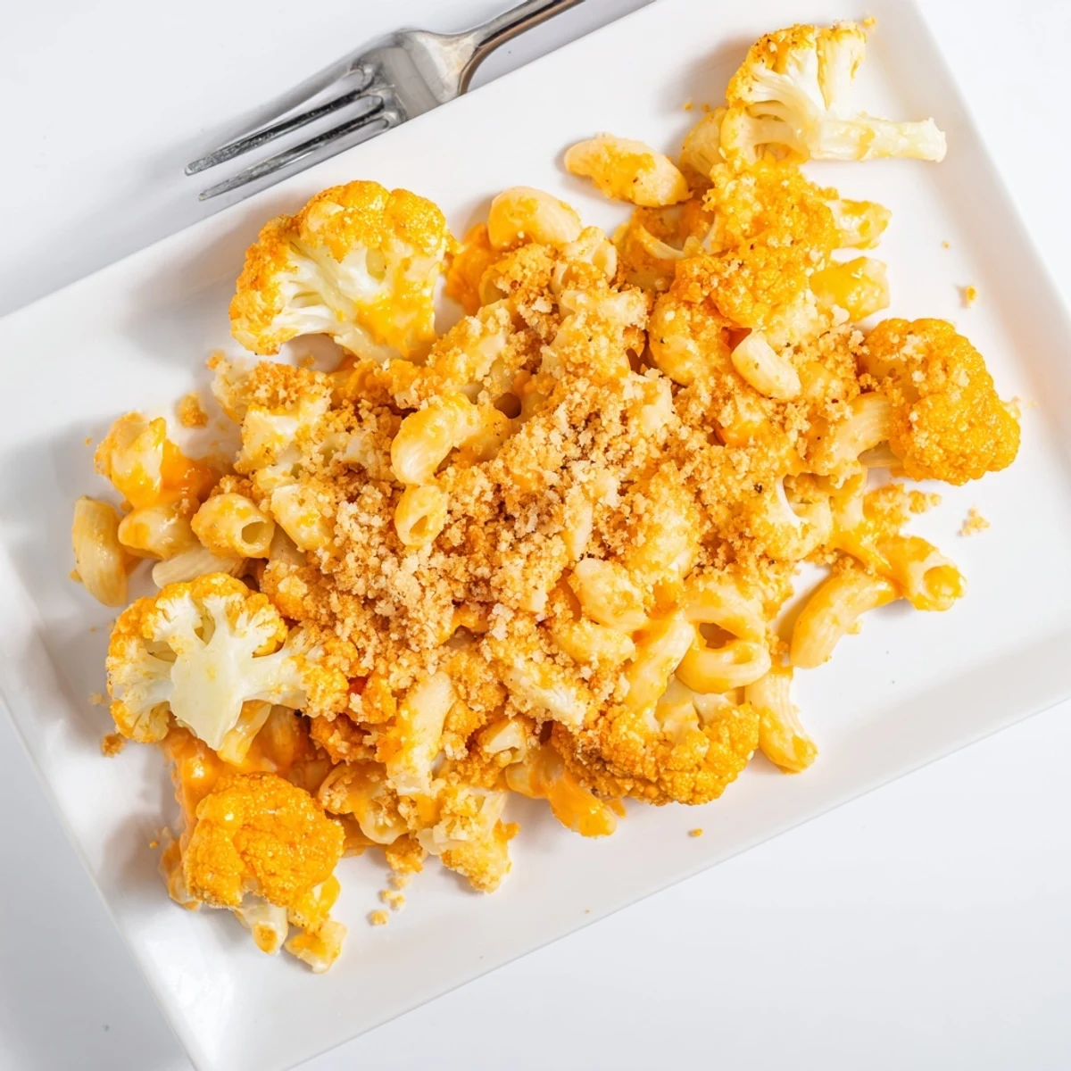 Spoonful of cheesy cauliflower mac and cheese showing tender pasta florets in rich velvet sauce