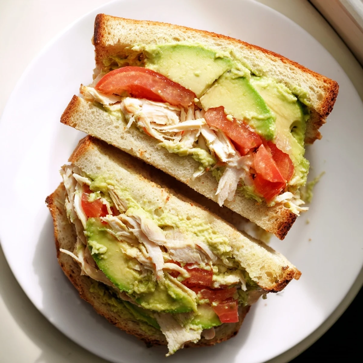 Hearty chicken avocado melt sandwich on a plate with ripe tomato and fresh herbs